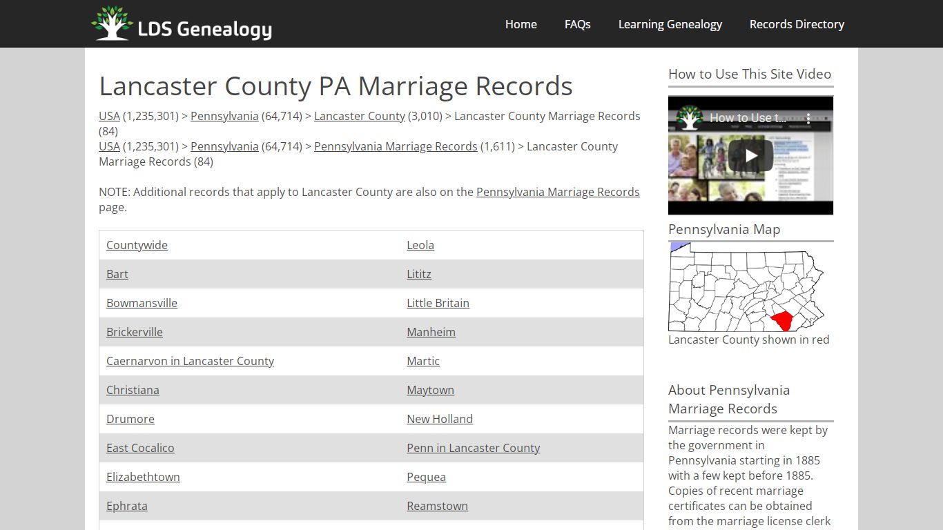 Lancaster County PA Marriage Records - LDS Genealogy