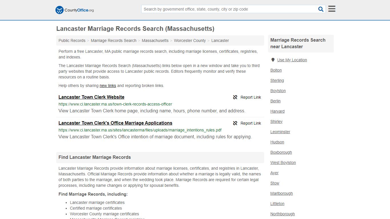 Lancaster Marriage Records Search (Massachusetts) - County Office
