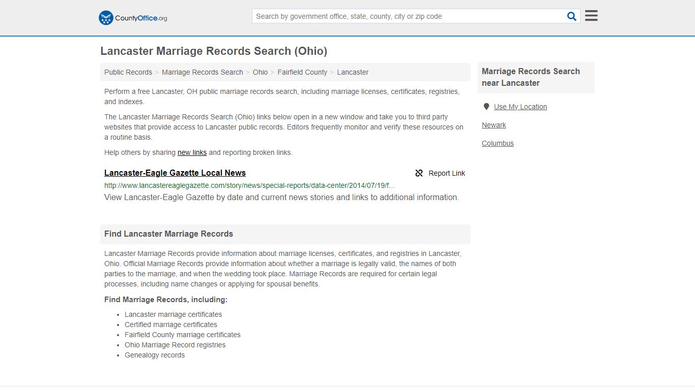 Lancaster Marriage Records Search (Ohio) - County Office